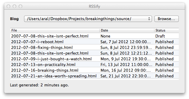 Screenshot of my quick little Mac app that regerates the RSS feed whenever I update my blog.